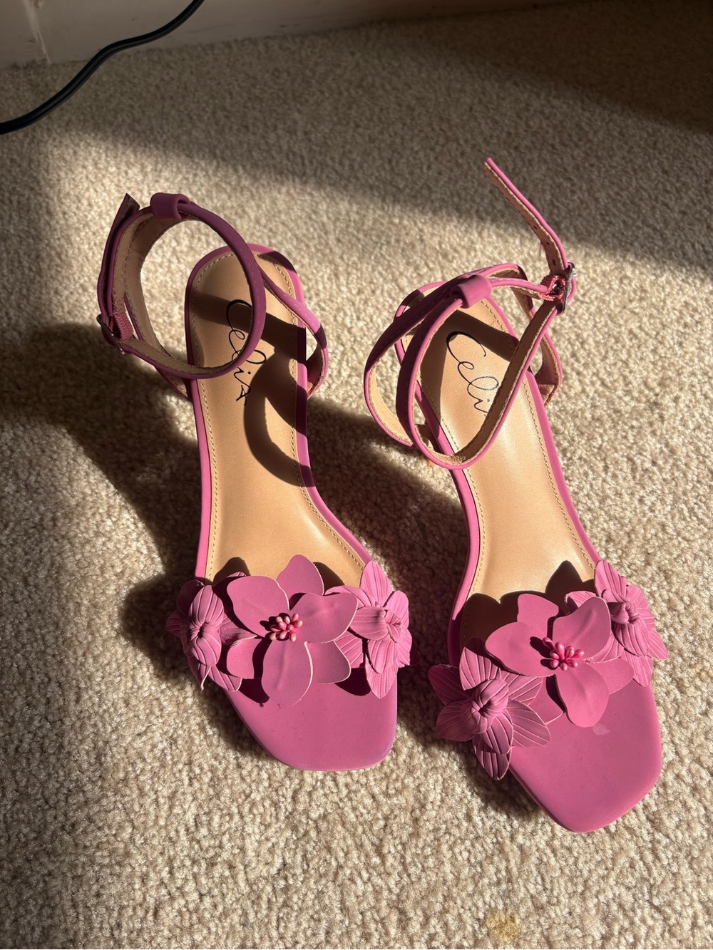 Pink Floral Ankle-Strap Heels